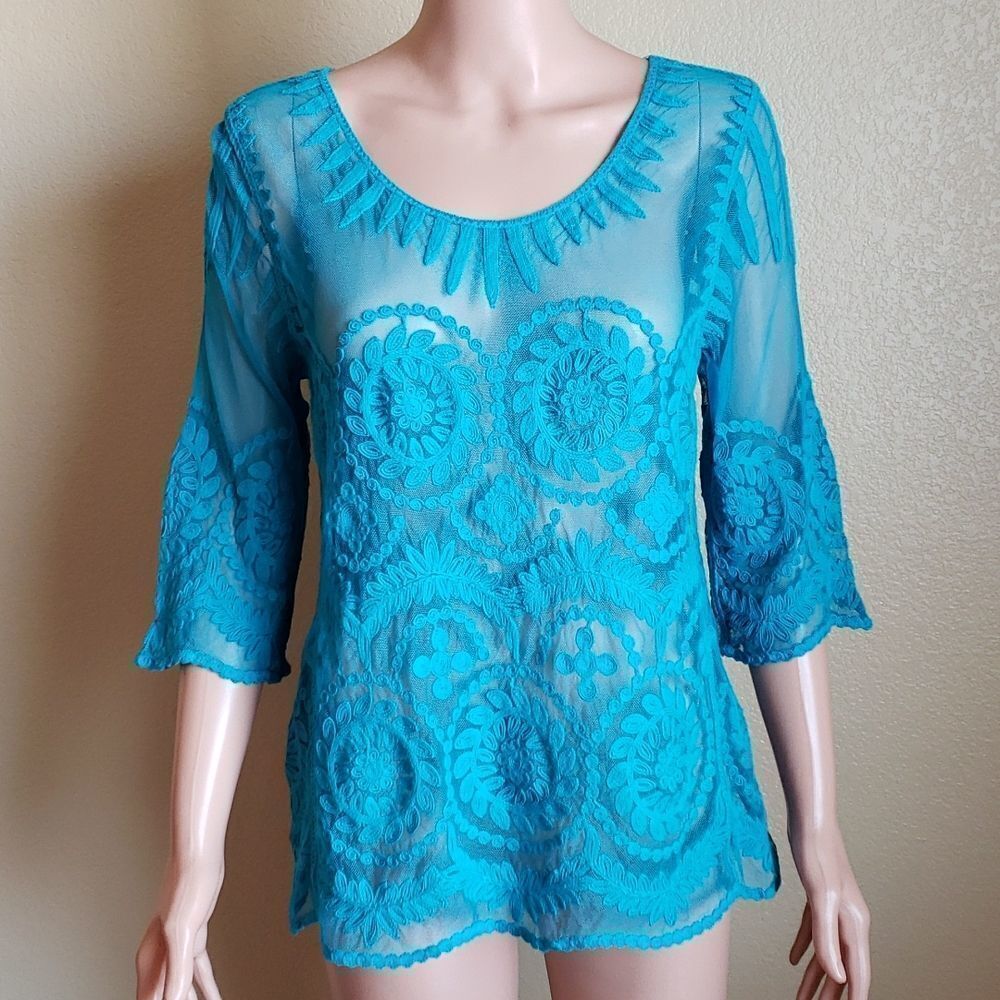 Renjo women's sheer embroidered top